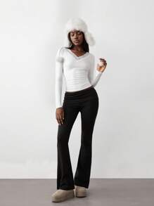 TRNVIE 1pc Women'sSimple V-Neck Lace Patchwork Long Sleeve Tight Fitted T-Shirt, White, Versatile Christmas & Winter Wear For Spring Outfit