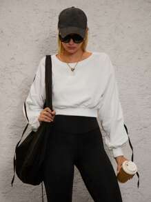 Hanevo Áo sweatshirt ngắn tay nữ phối màu tương phản, trang phục thể thao mùa thu, áo chui đầu mùa thu. - trắng - Xem 5