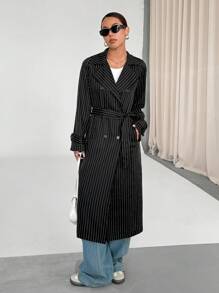 SHEIN Unity Áo khoác Trench dành cho nữ, eo bó, cổ khoét, hàng khuy đơn, tay dài, dáng ôm, phong cách giản dị, sọc dọc đen trắng, phù hợp cho mùa thu/đông - màu đen - Xem 3