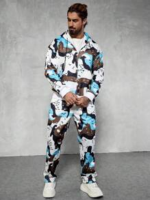 Manfinity LEGND Camouflage Print Zip-Up Hoodie And Pockets Sweatpants Set For Men - Multicolor - View 8