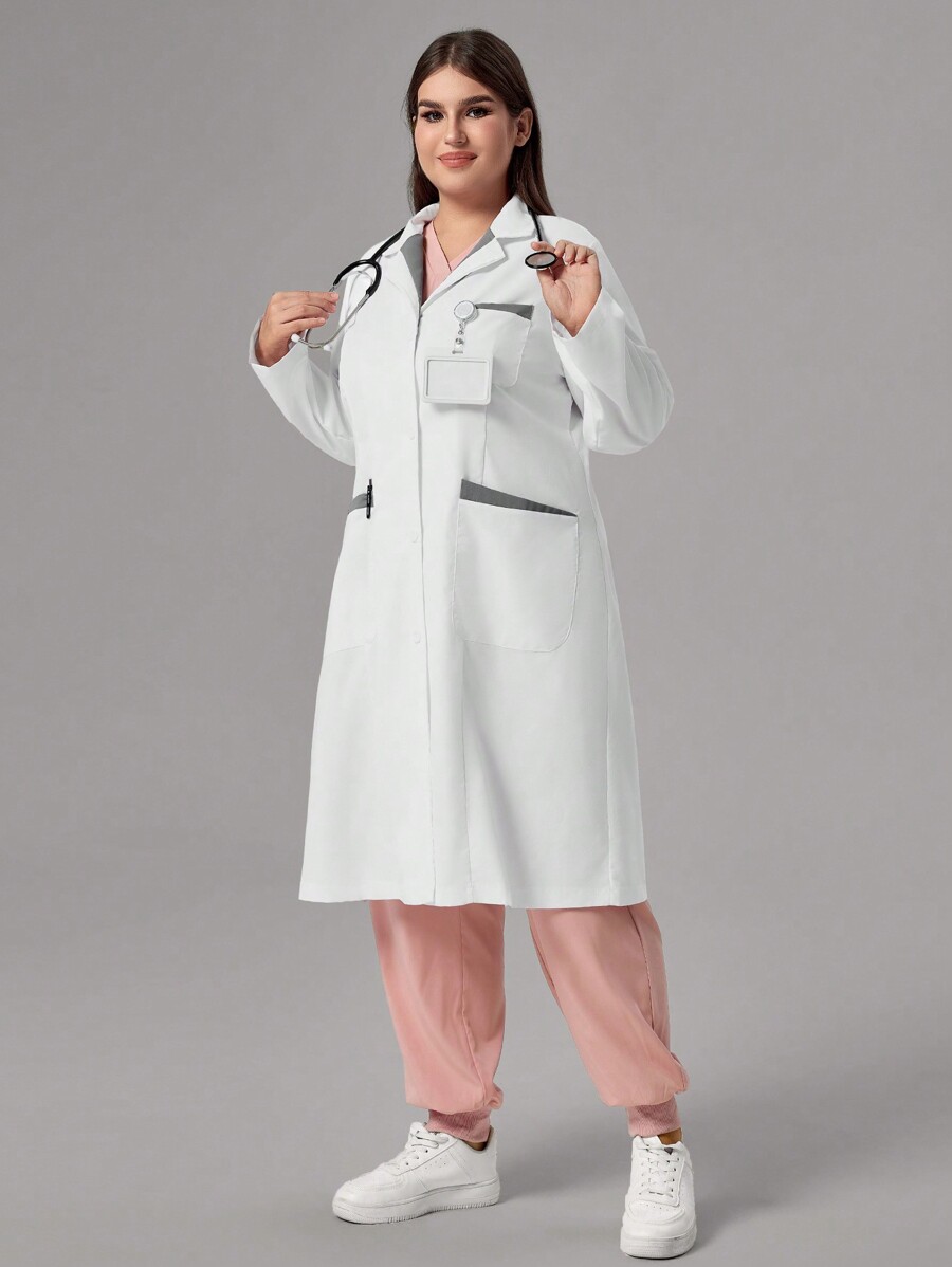SHEIN TaskFit Plus Size Plain Front Button Pocket Long Sleeve Lab Coat