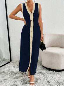 Elenzga Women Solid Color Button Front Sleeveless Minimalist Casual Long Dress