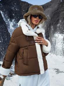 Aveloria Affinna Ins Style Casual Street Snap Brown & White Fluffy Collar Short Padded Padded Coat, Winter Clothes Wear For Women