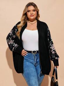 SHEIN CURVE+ Curve Plus Size Flower Printed Zipper Jacket