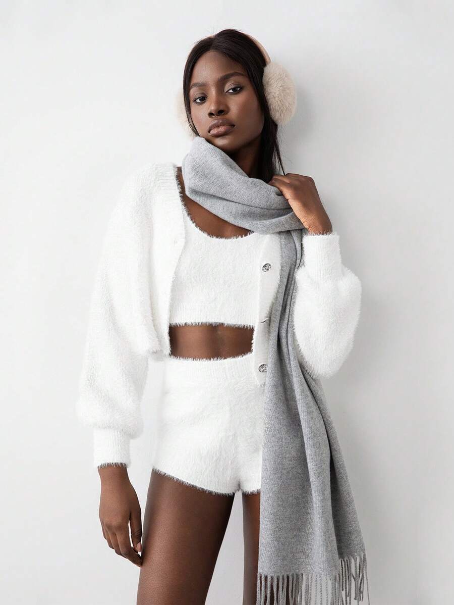 SHEIN Unity 3pcs Christmas Crew Neck Cropped Camisole Set & Cozy Casual Shorts, Women Knitted Sweater Outfit - White - View 1