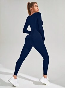 SHEIN Gravida kvinnor Enkel enfärgad långärmad passformad ribbad jumpsuit, för gravida kvinnor - Marinblå - Visa 2