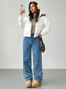 SHEIN PETITE Women's Hooded Fur Collar Down& Feathers Jacket Is Warm And Suitable For Autumn And Winter - White - View 7