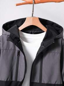 SHEIN Boys' Patchwork Blue & Black Hooded Casual Jacket, Suitable For Everyday Wear