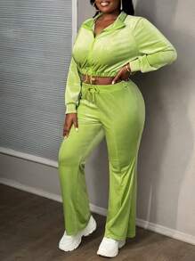 Slaydiva 2pcs/Set Plus Size Casual Sports Zip-Up Jacket And Flare Pants, Green, Autumn/Winter