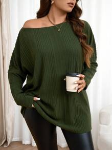 SHEIN LUNE Plus Size Solid Color Ribbed Loose T-Shirt, Casual & Simple, Autumn Plus Size Fall Clothes