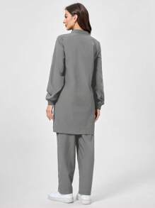 SHEIN TaskFit 1 Set Solid Color Button Front Long Sleeve Pocket Minimalist Scrub Top And Pants Scrub Uniform Set - Grey - View 2