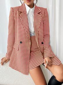 Calvaya 2pcs Set: Casual Allover Print Stand Collar Blazer Jacket & A-Line Skirt, Suitable For Autumn Outings