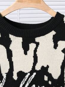 SHEIN Leap Crew 青少年男孩厚实舒适圆领黑白英文字母图案毛衣，保暖内衬，冬季街头时尚 - 黑與白 - 查看 6