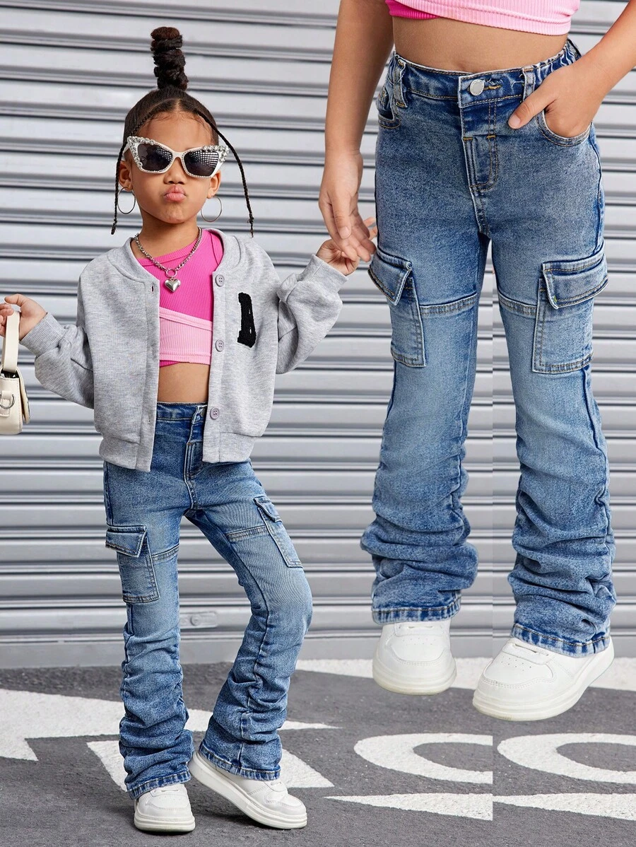 SHEIN SLAYR KIDS SLAYR KIDS Young Girls Blue Denim Elastic Ruched Jeans - Light Wash - View 1