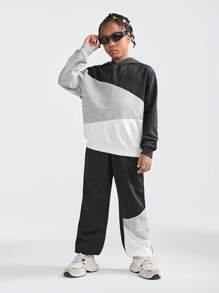 SHEIN 2 件套 Tween Boy 拼色连帽衫和裤子套装 - 彩色 - 查看 6
