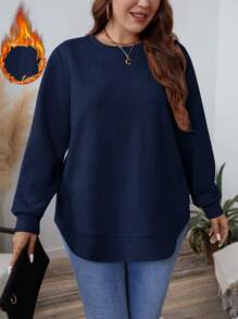EMERY ROSE Plus Size Solid Crew Neck Long Sleeve Sweatshirt For Autumn/Winter Holiday - Navy Blue - View 10