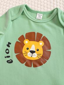 SHEIN Bộ 3 món/bộ đồ liền thân trẻ sơ sinh mùa xuân thu đông dày mềm mại thoải mái co giãn cao dễ thương in hình sư tử hổ hoạt hình, thích hợp sử dụng ở nhà và ngoài trời - màu xanh lá - Xem 5