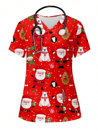 PopScrub Christmas Polar Bear, Santa Claus, Deer Print V-Neck Short Sleeve Pocket Red Uniform Scrub Top, Suitable For Women Santa Claus With White Beard Cartoon Themed Nursing Uniform Scrub Top, Christmas