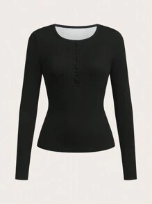 SHEIN EZwear Women's Solid Color Front Button Long Sleeve Minimalist T-Shirt, Casual Everyday Wear - Black - View 3