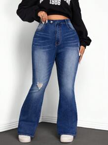 CovetEZ 大码休闲洗水破洞喇叭牛仔裤，适合春秋季节