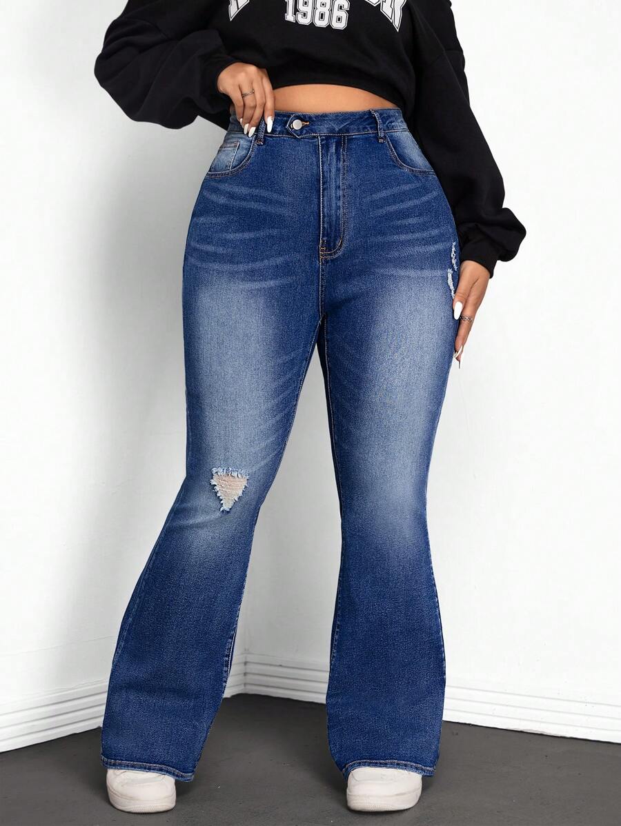 CovetEZ 大码休闲洗水破洞喇叭牛仔裤，适合春秋季节