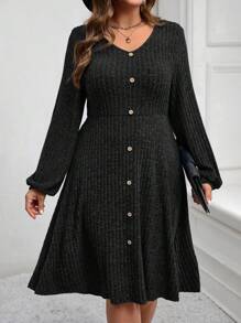 EMERY ROSE Plus Size Women's Lantern Sleeve Textured Button Decor Midi Dress,Fall Women Clothes - Black - View 6