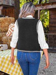 SHEIN VCAY Chaleco informal de mujer con cuello redondo, un botón y bolsillo, a rayas, para otoño
