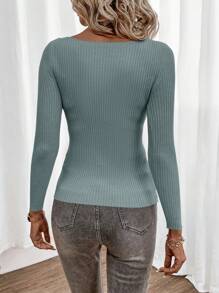 SHEIN Clasi Casual Solid Color Ribbed Knit Fitted Sweater, Autumn - Mint Blue - View 2
