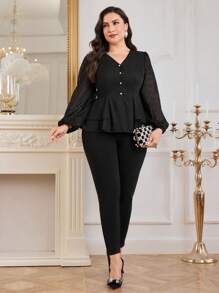 Modelyn Plus Size Elegant Solid Color Cutout Waist Blouse, Autumn - Black - View 6
