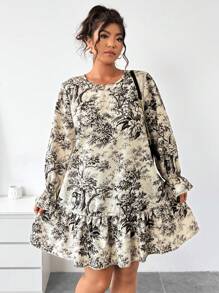 Calvaya Plus Size Women's Autumn Floral Print Round Neck Flare Sleeve Ruffle Hem Dress