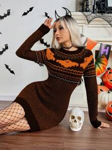 Chiquease Halloween Vibe Vintage Polka Dot Embossed Fitted Tight Bodycon Mini Dress, Stylish For Autumn/Winter, European And American Style