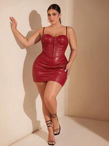 SHEIN BAE Plus Size Women Elegant Big Girl Charm Luxurious Party/Date Halloween Red Boned Bustier Spaghetti Strap Elastic PU Leather Mini Dress, Autumn/Winter,Birthday Dresses For Women - Red - View 9