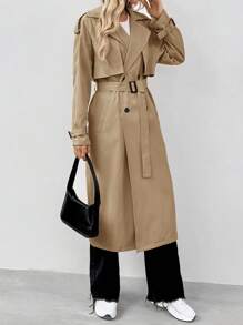 SHEIN Tall 秋季休闲双排扣系带风衣 - 卡其色 - 查看 1