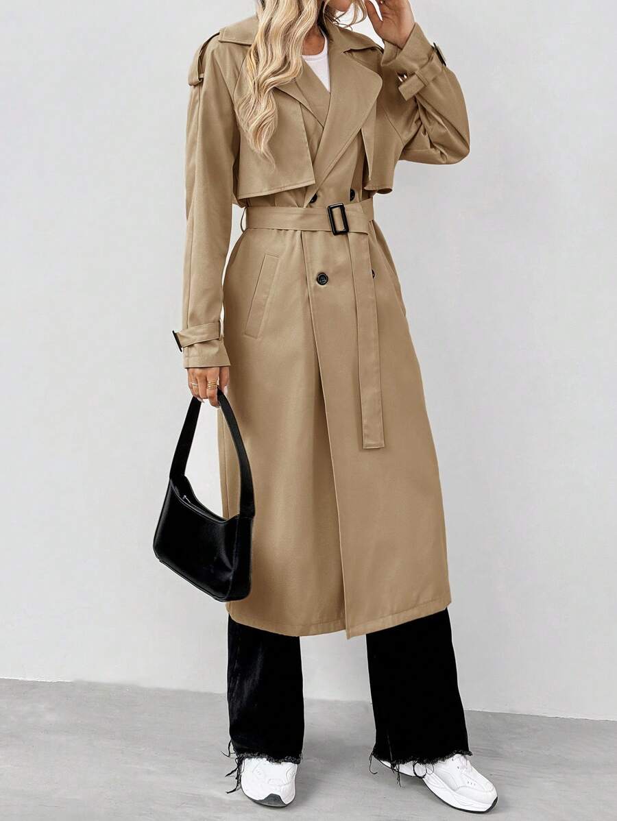 SHEIN Tall 秋季休闲双排扣系带风衣 - 卡其色 - 查看 1