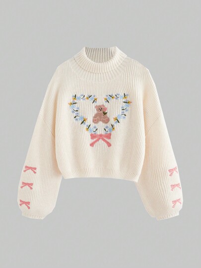 Kawaii Women's Himekaji Cute Bear, Plant And Bow Embroidered Turtleneck Sweater
