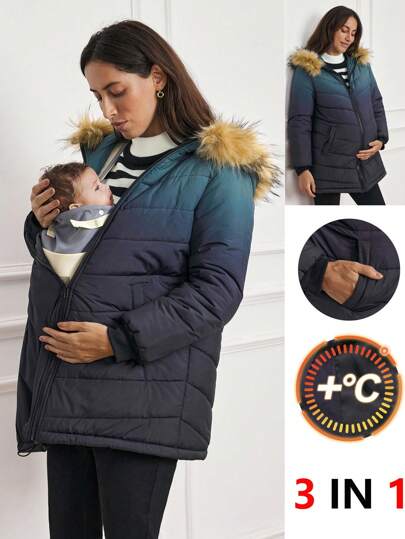 SHEIN Maternity Ombre Zip-Up Long Sleeve Hooded Coat, Warm & Suitable For Outings, For Outings, Autumn/Winter