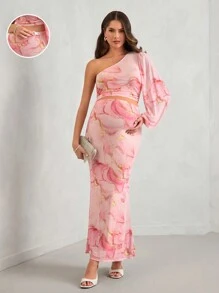 MaterniChic Maternity Elegant Marble Print Asymmetrical Neck Top & Skirt, Party & Wedding