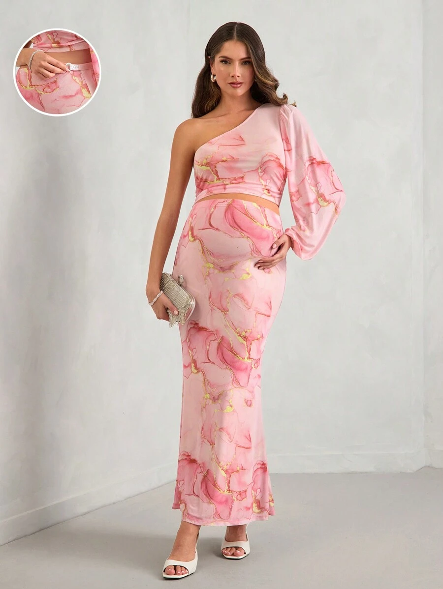 MaterniChic Maternity Elegant Marble Print Asymmetrical Neck Top & Skirt, Party & Wedding