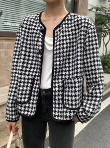 INAWLY Women's Casual Houndstooth Dual Pocket Jacket - Fall Season - Black and White - View 6