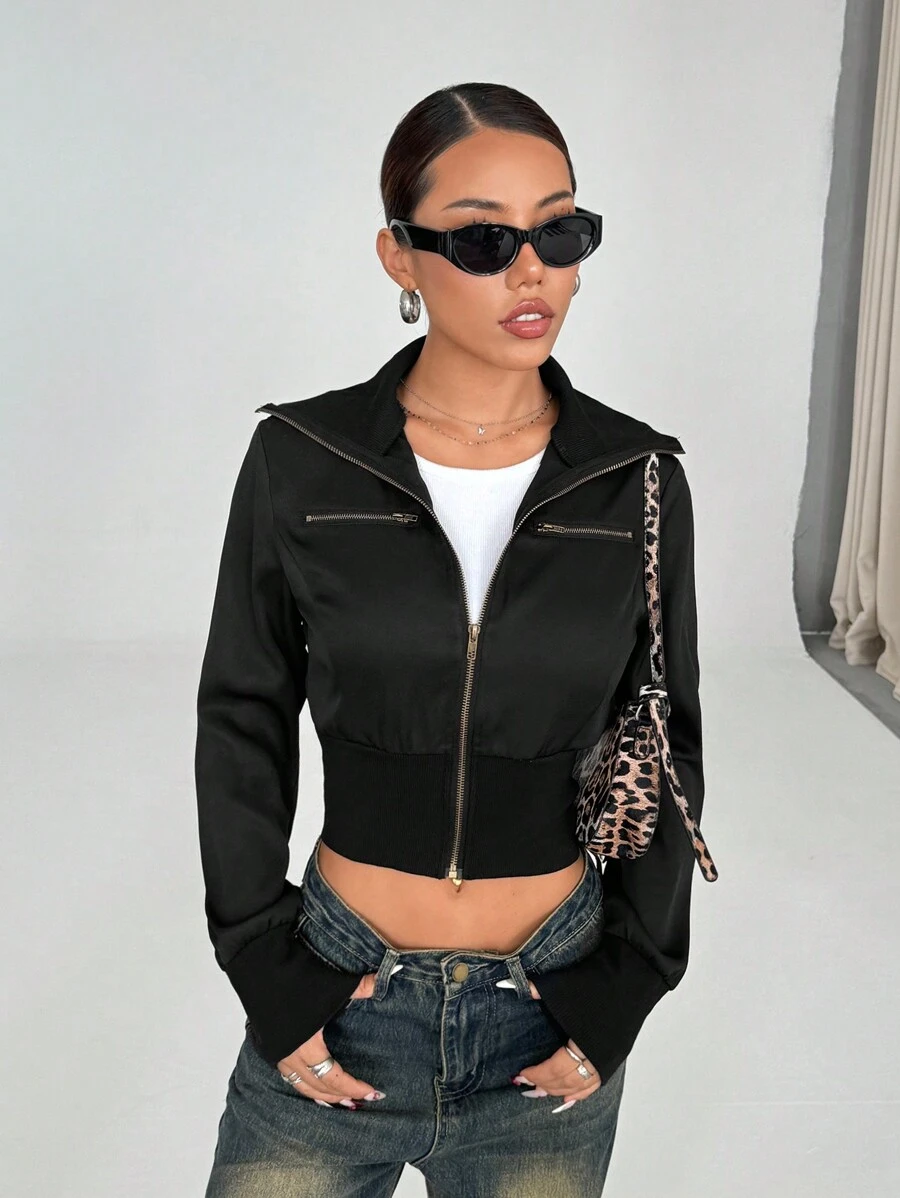 SHEIN X Lucía Bellido Flirla 女式复古立领拉链短夹克 - 黑色 - 查看 1
