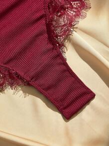 Anewsta طقم ملابس داخلية للسيدات من قطعتين شامل سرير قميص مخطط بالدانتيل وسَرْوال على شكل خطاطيف - عنابي اللون - مشاهدة 4