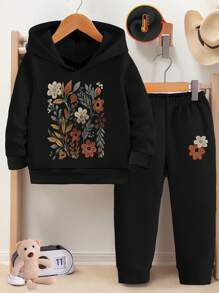 SHEIN Áo hoodie đen in họa tiết hoa cổ điển thường ngày cho bé gái thời trang kết hợp quần nỉ, lót nhiệt mềm mại, thích hợp mặc ngoài trời vào mùa thu/đông và mặc hàng ngày - màu đen - Xem 1