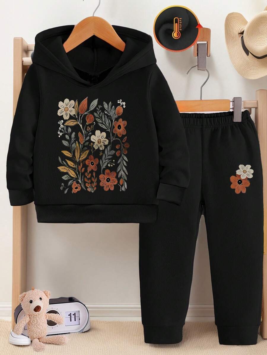 SHEIN Áo hoodie đen in họa tiết hoa cổ điển thường ngày cho bé gái thời trang kết hợp quần nỉ, lót nhiệt mềm mại, thích hợp mặc ngoài trời vào mùa thu/đông và mặc hàng ngày - màu đen - Xem 1