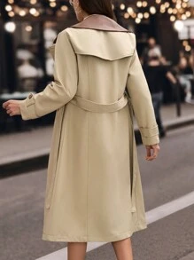 SHEIN Cottnline 经典仿皮领长款风衣 - 米色 - 查看 3