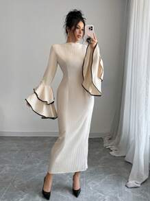 Selianne Elegant Color Block Ruffle Flare Sleeve Dress, Autumn Maxi Women Outfit - Apricot - View 6