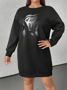 SHEIN EZwear Plus Size Winter Round Neck Long Sleeve Printed Minimalist Short Dress - Black - View 5