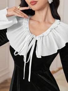 Modelyn 女士蕾丝拼接蝴蝶结领双层袖连衣裙长款晚礼服 - 黑色 - 查看 4