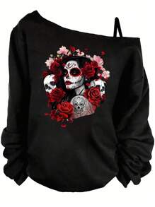 SHEIN LUNE Plus Size Women Day Of The Dead Print One Shoulder Tank Top, Spring/Autumn - Black - View 1