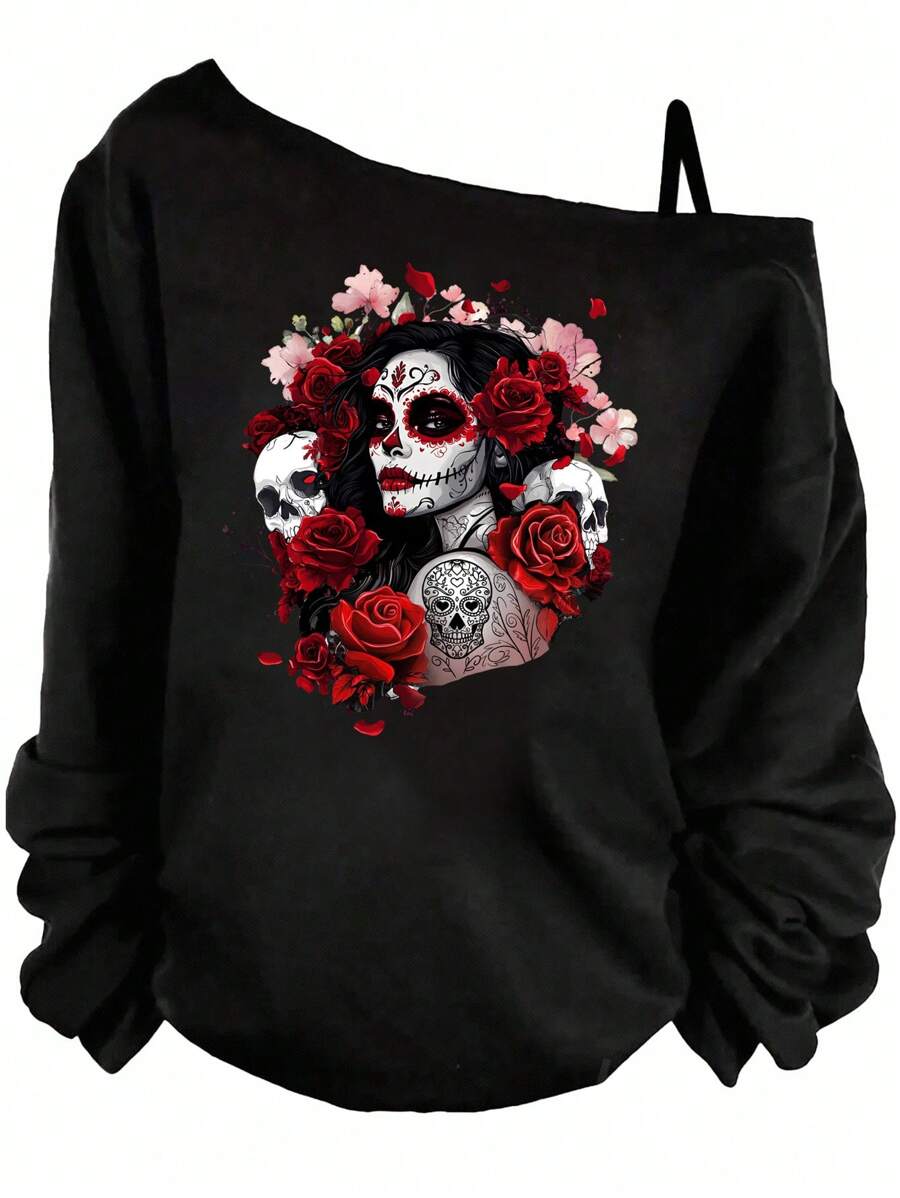 SHEIN LUNE Plus Size Women Day Of The Dead Print One Shoulder Tank Top, Spring/Autumn - Black - View 1