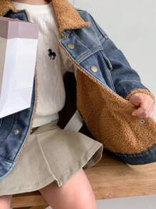 DAZY Chaqueta de mezclilla con parches de felpa para niña, informal para otoño/invierno